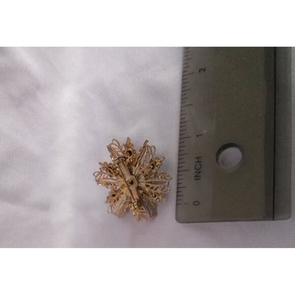 Vintage Gold-Toned Snowflake Brooch Pin With Green Rhinestones & Iridescent Ston - Picture 3 of 3